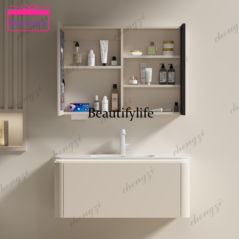 A17 Cream gray wind solid wood - Bathroom Cabinet Mirror 评论和价格