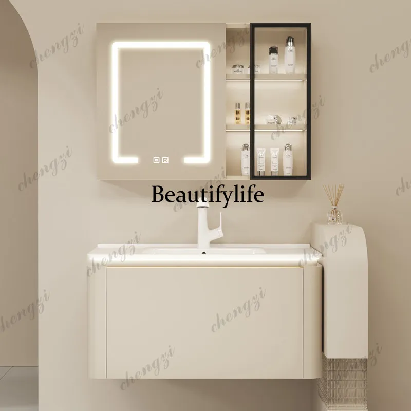 A17 Cream gray wind solid wood - Bathroom Cabinet Mirror 评论和价格