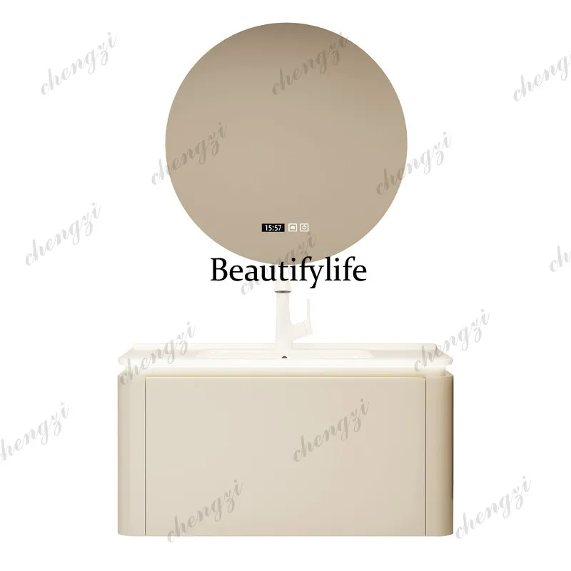 A17 Cream gray wind solid wood - Bathroom Cabinet Mirror 评论和价格